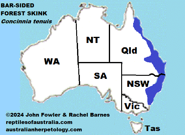 Approximate distribution of the Bar-sided Forest Skink Concinnia tenuis