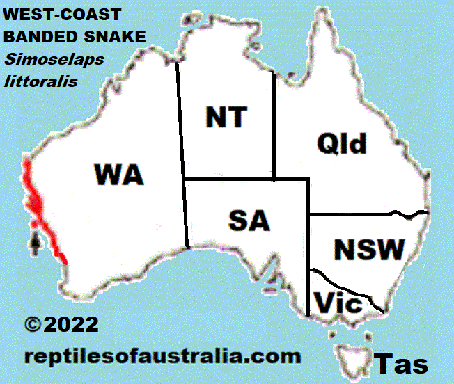 Approximate distribution of the West-Coast Banded Snake (Simoselaps littoralis)