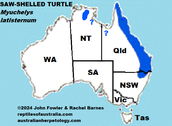 Distribution map Saw-Shelled Turtle - Myuchelys( was Wollumbinia & Elseya) latisternum (=dorsii) Reptiles of Australia